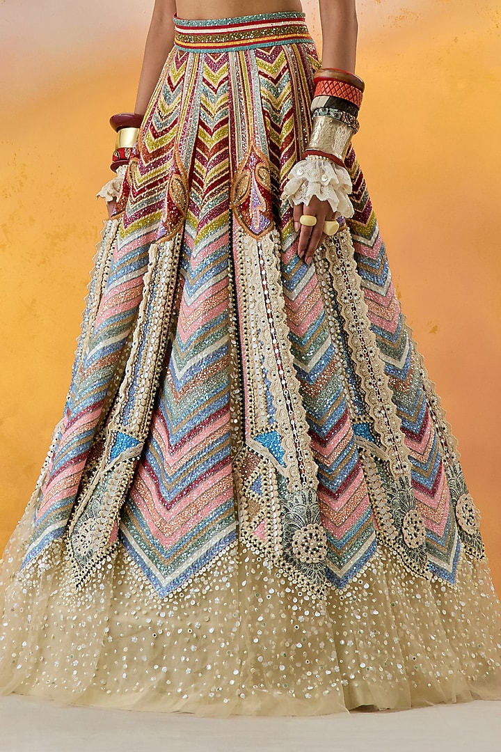Multi-Colored Ombre Cotton Silk Chevron Printed & Pearl Embroidered Kalidar Bridal Lehenga Set by ASEEM KAPOOR at Pernia's Pop Up Shop