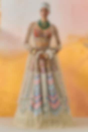 Multi-Colored Ombre Cotton Silk Chevron Printed & Pearl Embroidered Kalidar Bridal Lehenga Set by ASEEM KAPOOR at Pernia's Pop Up Shop
