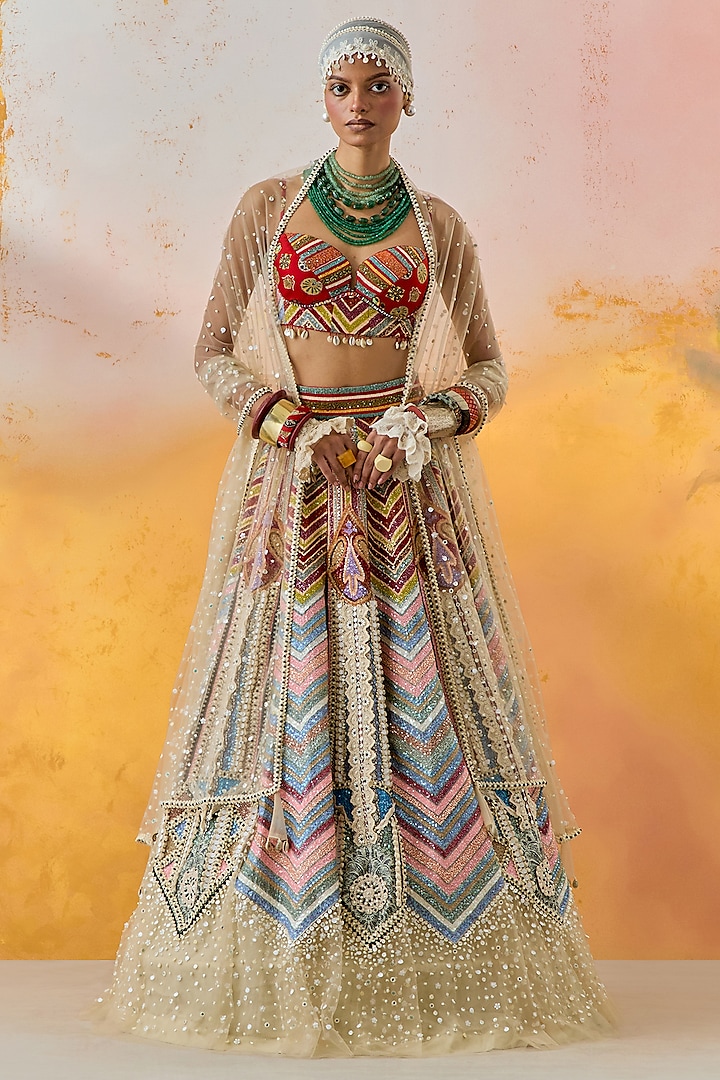 Multi-Colored Ombre Cotton Silk Chevron Printed & Pearl Embroidered Kalidar Bridal Lehenga Set by ASEEM KAPOOR at Pernia's Pop Up Shop