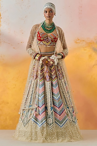 Multi-Colored Ombre Cotton Silk Chevron Printed & Pearl Embroidered Kalidar Lehenga Set by ASEEM KAPOOR