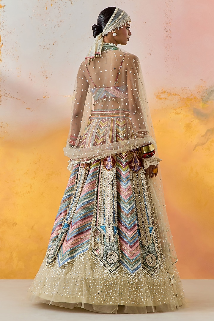 Multi-Colored Ombre Cotton Silk Chevron Printed & Pearl Embroidered Kalidar Bridal Lehenga Set by ASEEM KAPOOR at Pernia's Pop Up Shop