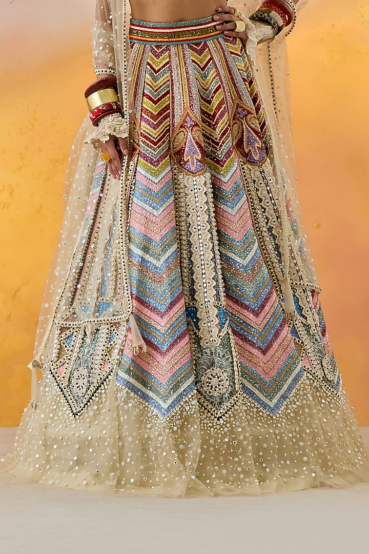 Multi-Colored Ombre Cotton Silk Chevron Printed & Pearl Embroidered Kalidar Bridal Lehenga Set by ASEEM KAPOOR at Pernia's Pop Up Shop