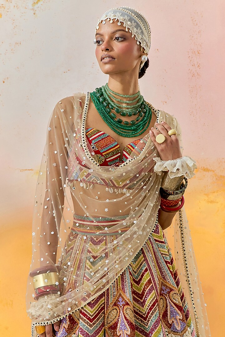 Multi-Colored Ombre Cotton Silk Chevron Printed & Pearl Embroidered Kalidar Bridal Lehenga Set by ASEEM KAPOOR at Pernia's Pop Up Shop