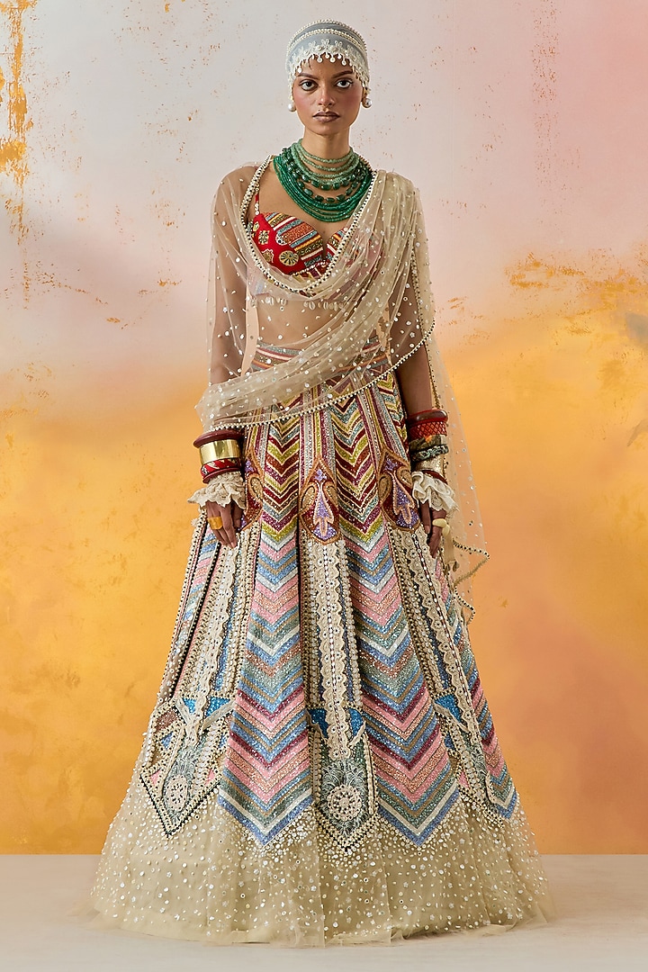 Multi-Colored Ombre Cotton Silk Chevron Printed & Pearl Embroidered Kalidar Bridal Lehenga Set by ASEEM KAPOOR at Pernia's Pop Up Shop
