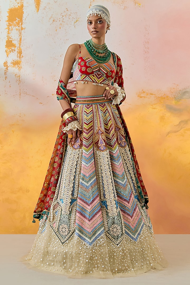 Multi-Colored Ombre Cotton Silk Chevron Printed & Pearl Embroidered Kalidar Bridal Lehenga Set by ASEEM KAPOOR at Pernia's Pop Up Shop