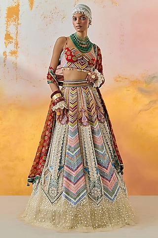 Multi-Colored Ombre Cotton Silk Chevron Printed & Pearl Embroidered Kalidar Lehenga Set by ASEEM KAPOOR