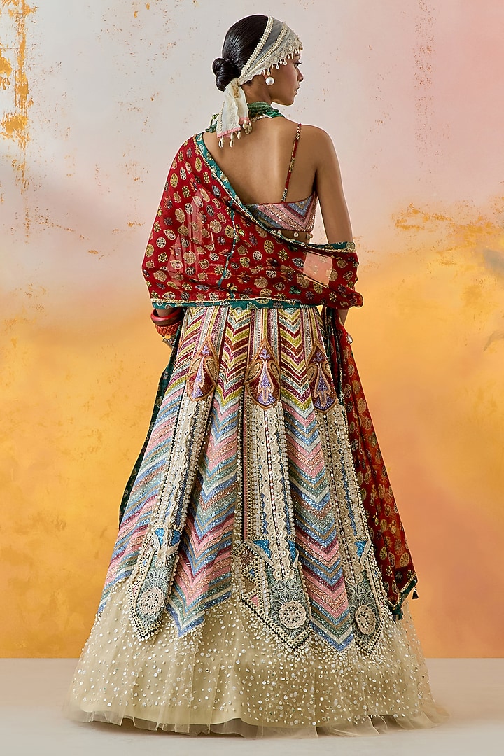 Multi-Colored Ombre Cotton Silk Chevron Printed & Pearl Embroidered Kalidar Bridal Lehenga Set by ASEEM KAPOOR at Pernia's Pop Up Shop