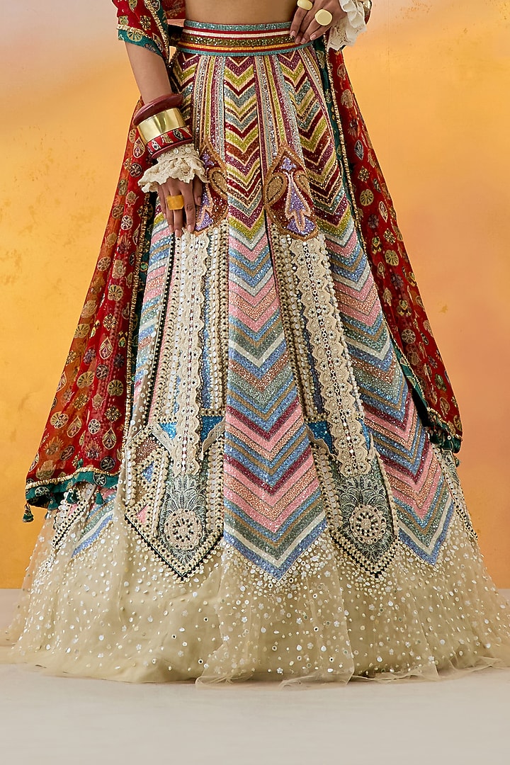Multi-Colored Ombre Cotton Silk Chevron Printed & Pearl Embroidered Kalidar Bridal Lehenga Set by ASEEM KAPOOR at Pernia's Pop Up Shop