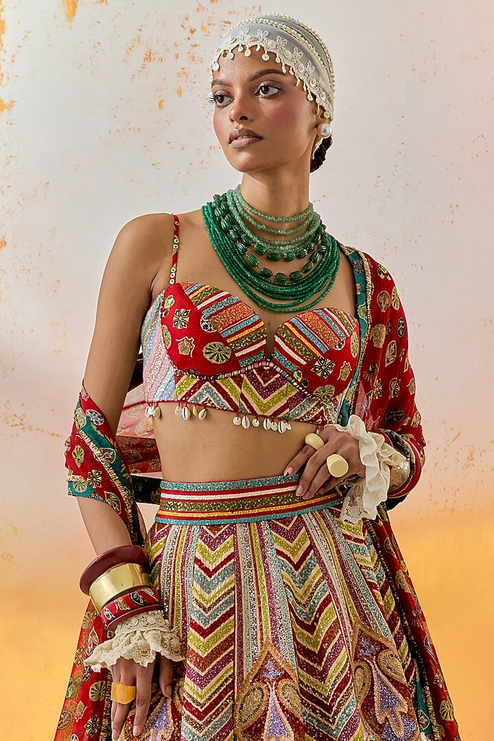 Multi-Colored Ombre Cotton Silk Chevron Printed & Pearl Embroidered Kalidar Bridal Lehenga Set by ASEEM KAPOOR at Pernia's Pop Up Shop