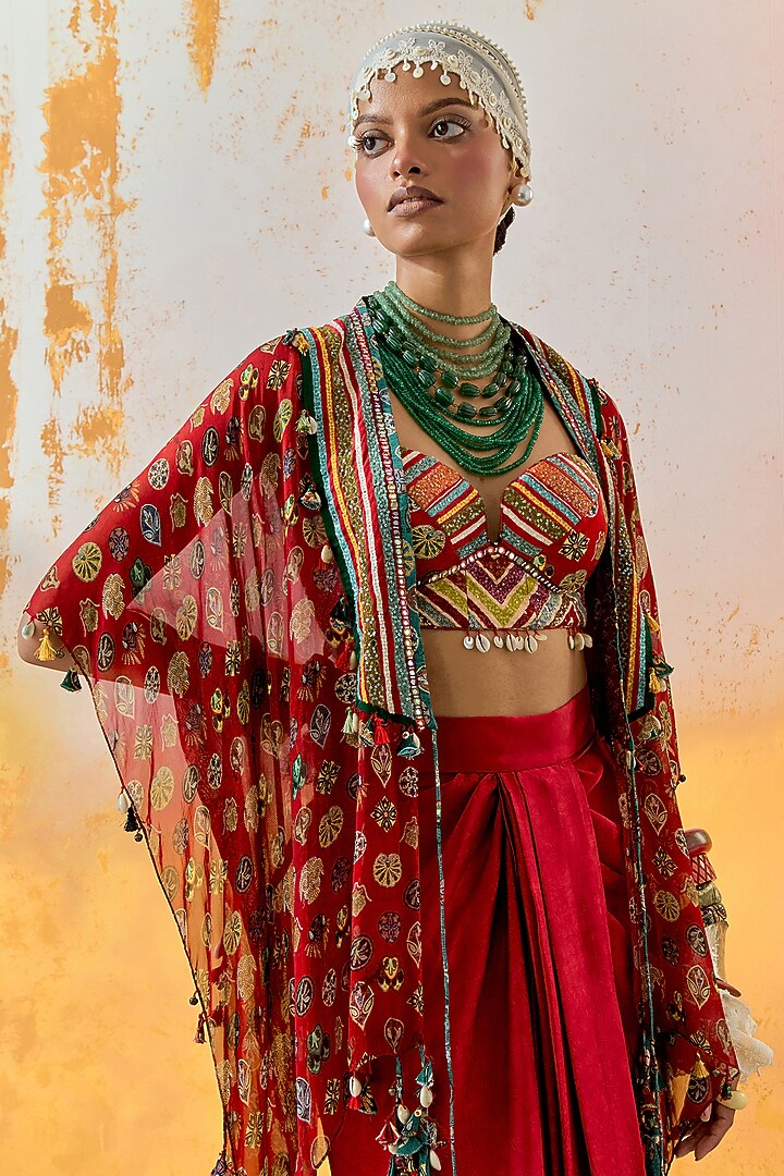 Sindoor-Colored Crushed Silk Skirt Set by ASEEM KAPOOR at Pernia's Pop Up Shop
