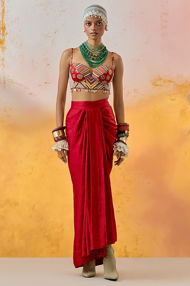 Sindoor-Colored Crushed Silk Skirt Set by ASEEM KAPOOR at Pernia's Pop Up Shop