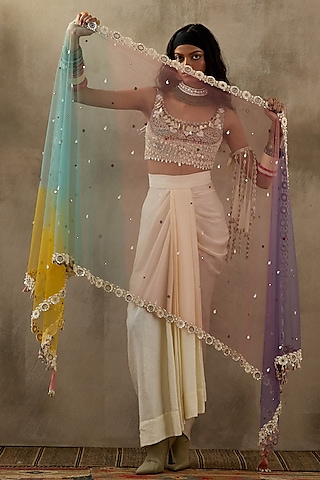 Multi-Colored Ombre Net Dupatta by ASEEM KAPOOR