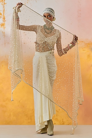 Mogra White Net Dupatta by ASEEM KAPOOR
