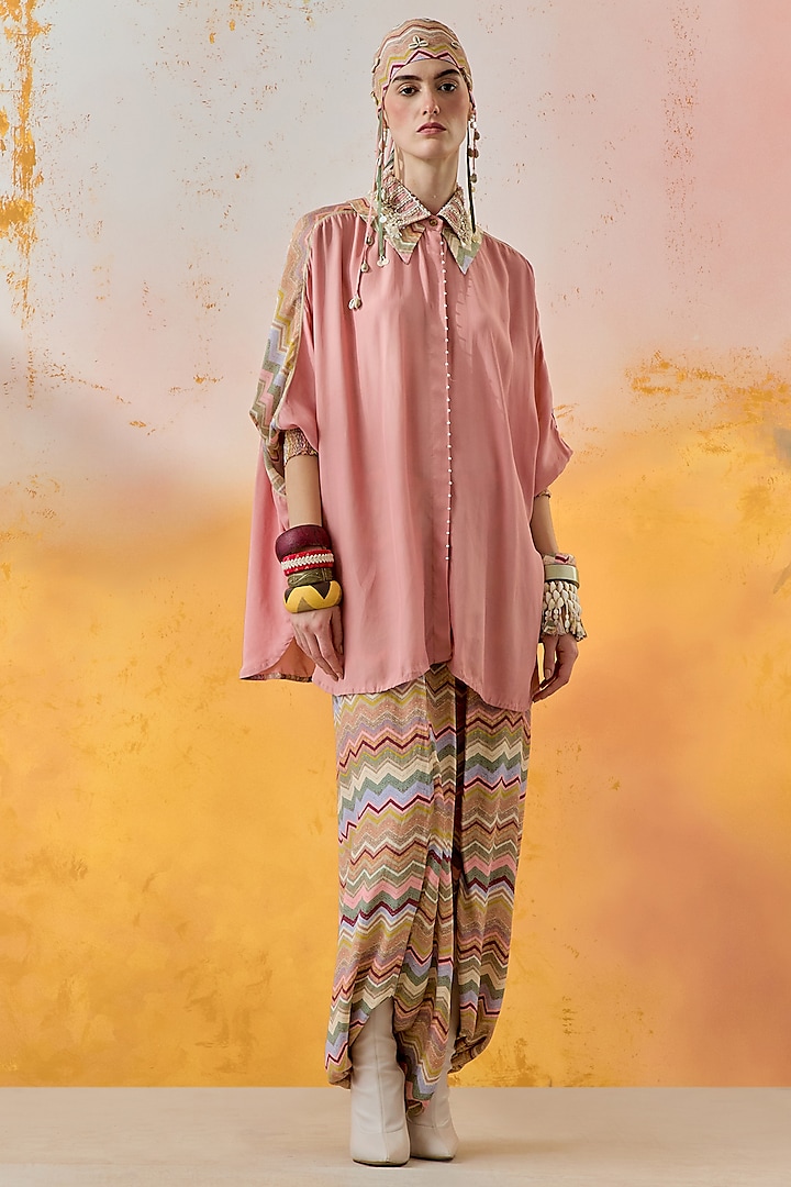 Shell Pink Natural Crepe Embroidered Shirt by ASEEM KAPOOR at Pernia's Pop Up Shop