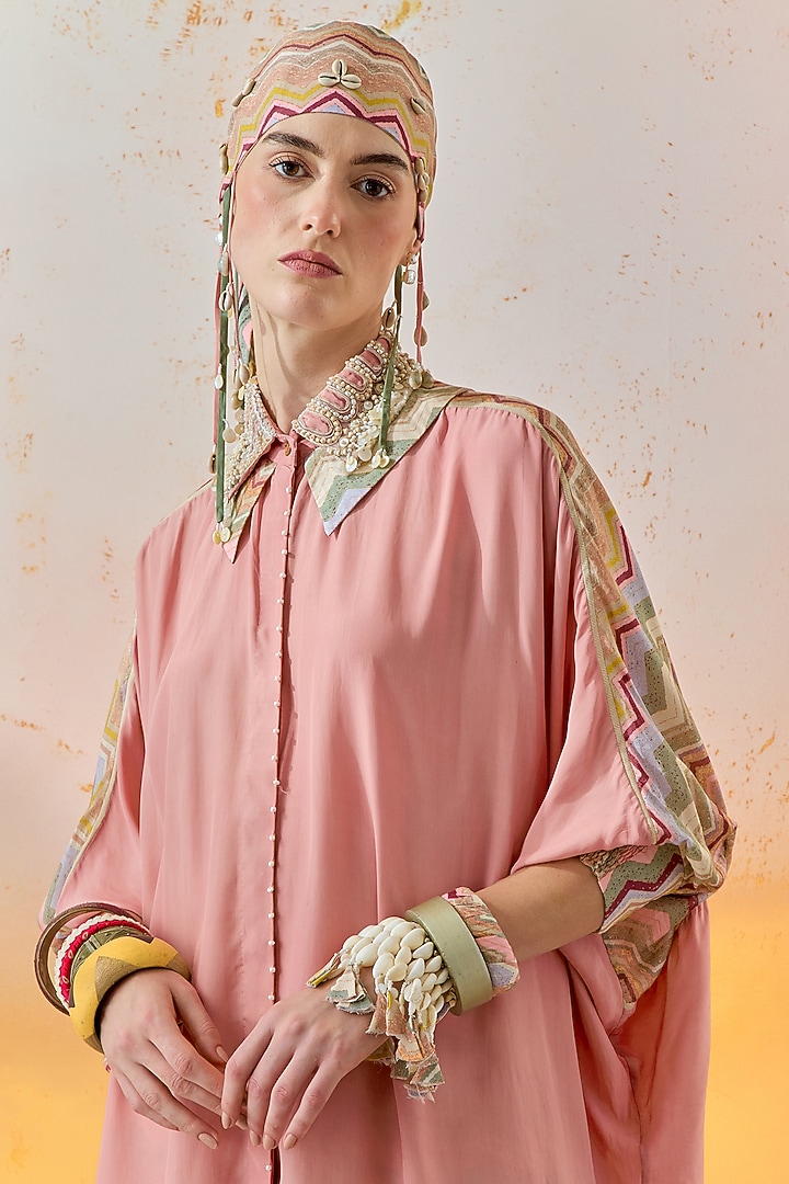 Shell Pink Natural Crepe Embroidered Shirt by ASEEM KAPOOR at Pernia's Pop Up Shop