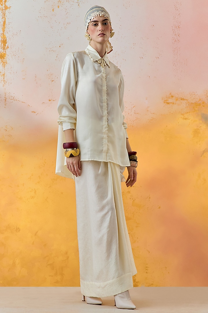 Mogra White Crushed Silk Beaded Shirt by ASEEM KAPOOR at Pernia's Pop Up Shop