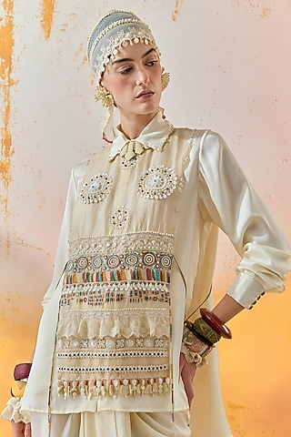 Mogra White Crushed Silk Beaded Shirt by ASEEM KAPOOR