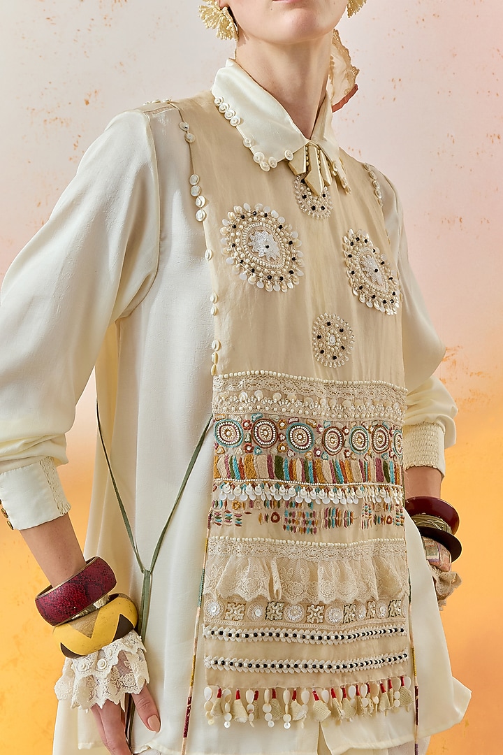 Mogra White Crushed Silk Beaded Shirt by ASEEM KAPOOR at Pernia's Pop Up Shop