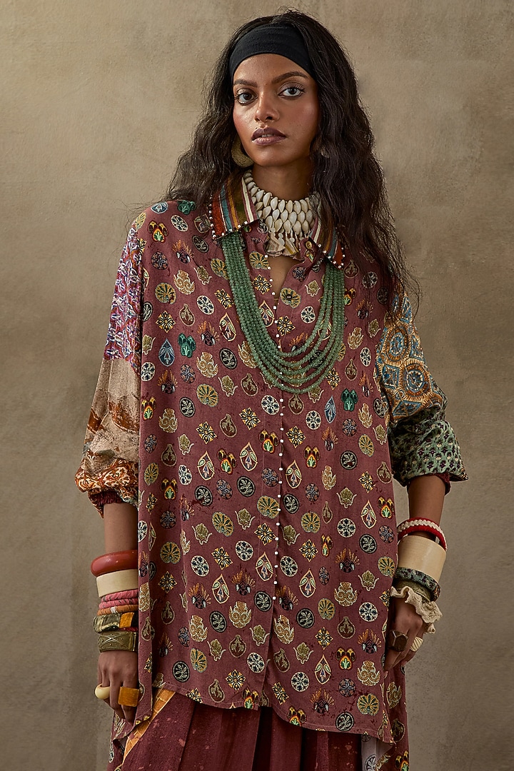 Shell Pink Natural Crepe Printed Shirt by ASEEM KAPOOR at Pernia's Pop Up Shop