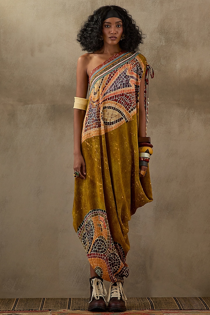 Multi-Colored Natural Crepe Printed & Embroidered One-Shoulder Draped Dress by ASEEM KAPOOR at Pernia's Pop Up Shop