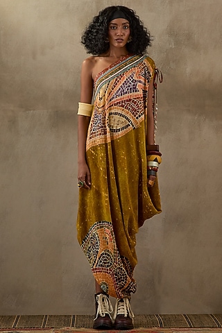 Multi-Colored Natural Crepe Printed & Embroidered One-Shoulder Draped Dress by ASEEM KAPOOR