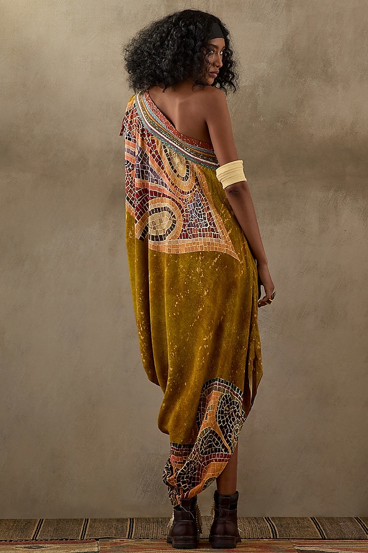 Multi-Colored Natural Crepe Printed & Embroidered One-Shoulder Draped Vacation Dress by ASEEM KAPOOR at Pernia's Pop Up Shop