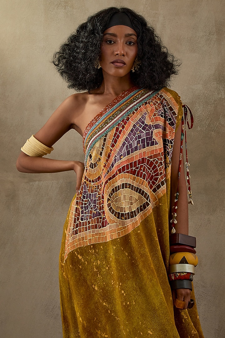 Multi-Colored Natural Crepe Printed & Embroidered One-Shoulder Draped Vacation Dress by ASEEM KAPOOR at Pernia's Pop Up Shop