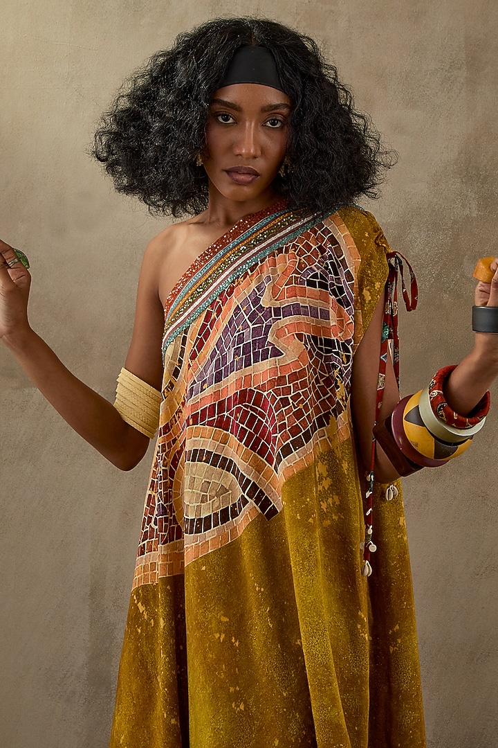 Multi-Colored Natural Crepe Printed & Embroidered One-Shoulder Draped Vacation Dress by ASEEM KAPOOR at Pernia's Pop Up Shop