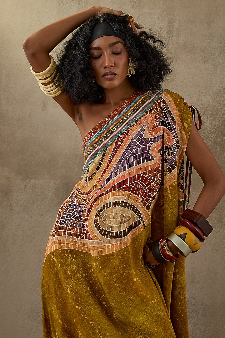 Multi-Colored Natural Crepe Printed & Embroidered One-Shoulder Draped Vacation Dress by ASEEM KAPOOR at Pernia's Pop Up Shop