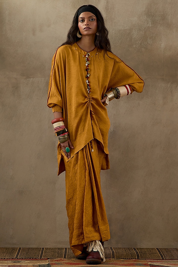 Yellow Crushed Silk Pleated Skirt Set by ASEEM KAPOOR