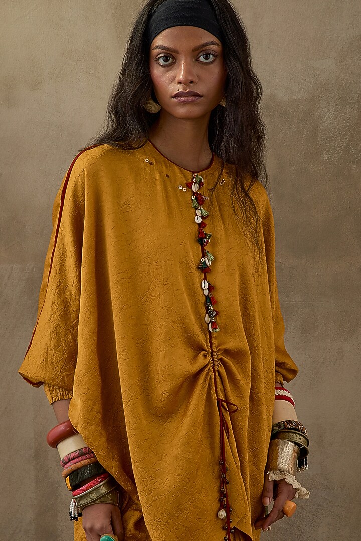 Yellow Crushed Silk Pleated Skirt Set by ASEEM KAPOOR at Pernia's Pop Up Shop