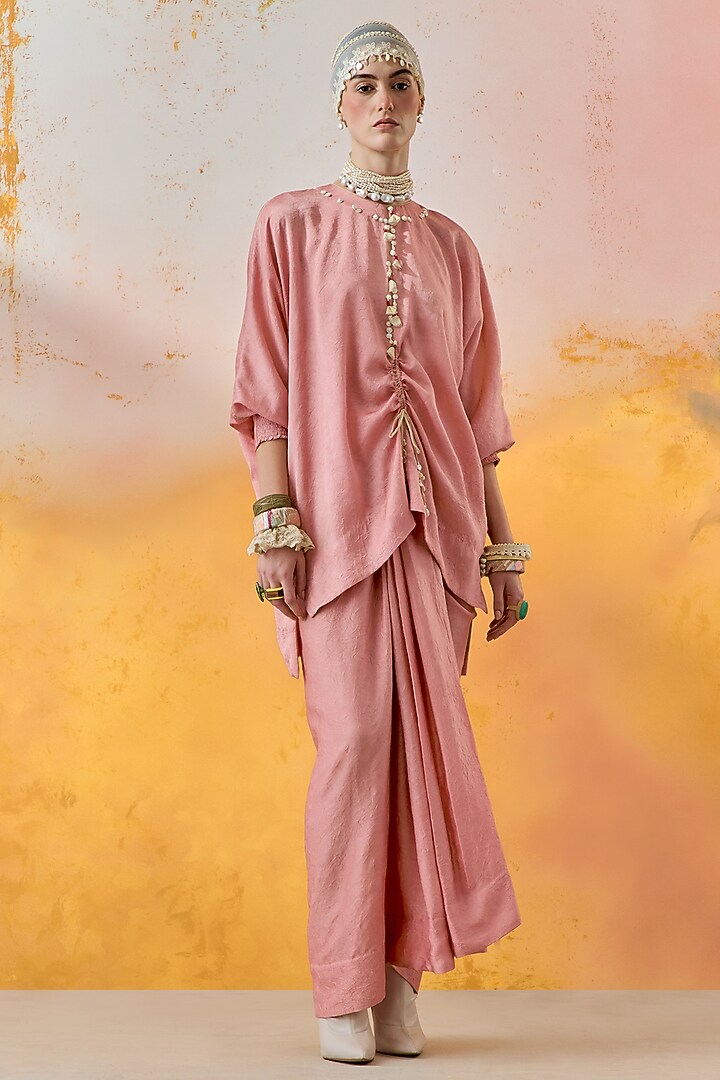 Shell Pink Crushed Silk Pleated Skirt Set by ASEEM KAPOOR at Pernia's Pop Up Shop