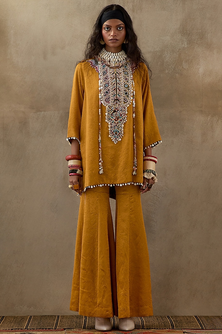 Yellow Crushed Silk Sharara Set by ASEEM KAPOOR at Pernia's Pop Up Shop