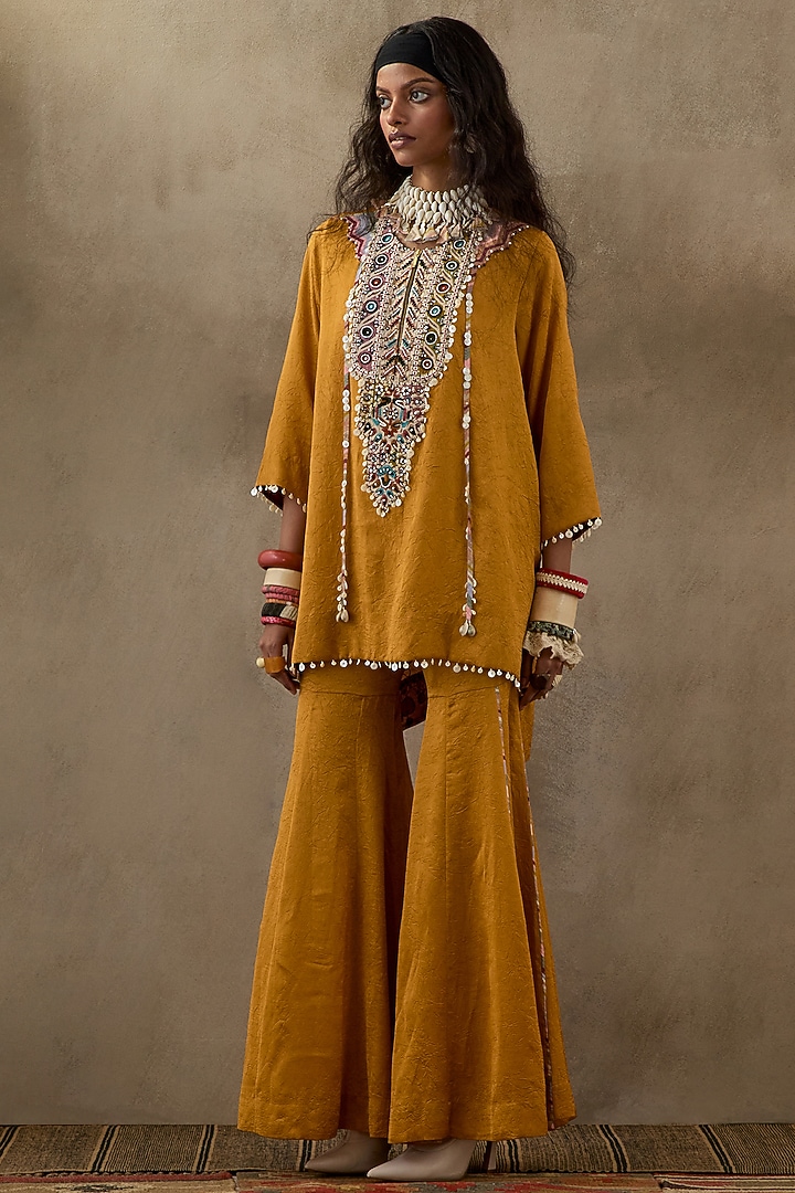 Yellow Crushed Silk Wedding Sharara Set by ASEEM KAPOOR at Pernia's Pop Up Shop