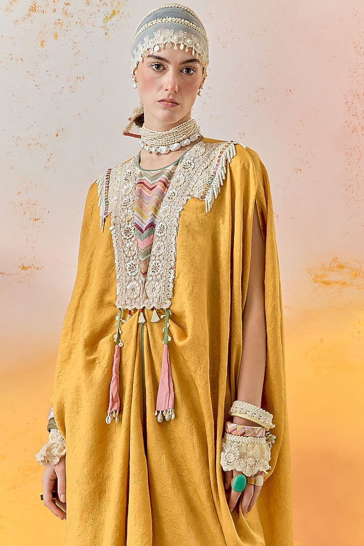 Yellow Crushed Silk Embroidered Tunic Set by ASEEM KAPOOR at Pernia's Pop Up Shop