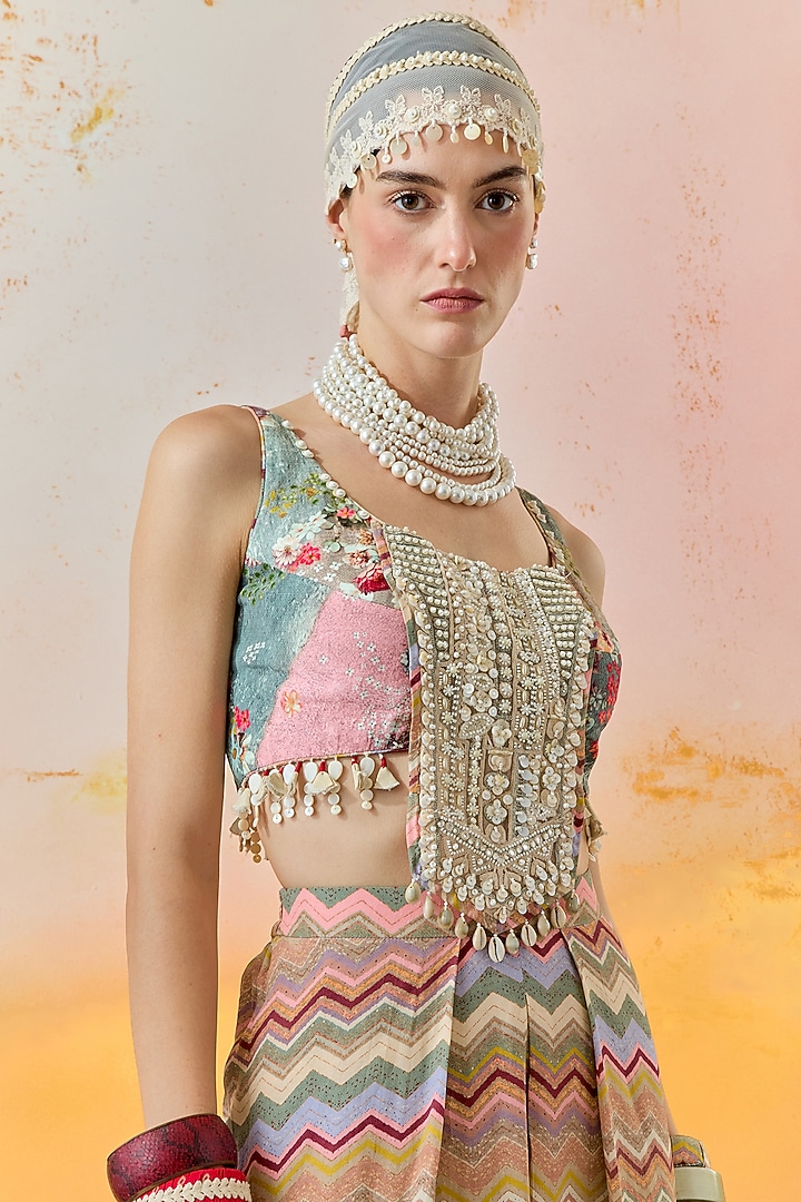 Multi-Colored Slub Satin Printed & Embroidered Blouse by ASEEM KAPOOR at Pernia's Pop Up Shop