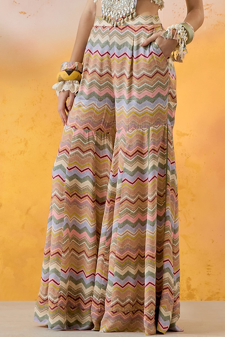 Multi-Colored Natural Crepe Chevron Printed Wedding Sharara Set by ASEEM KAPOOR at Pernia's Pop Up Shop