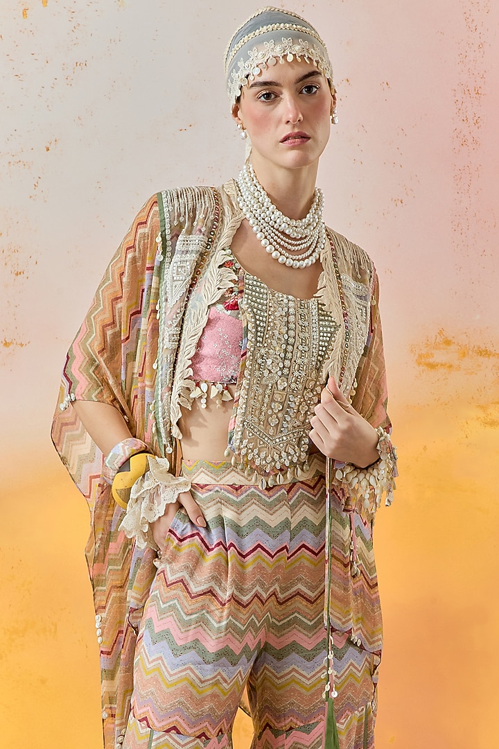 Multi-Colored Natural Crepe Chevron Printed Wedding Sharara Set by ASEEM KAPOOR at Pernia's Pop Up Shop