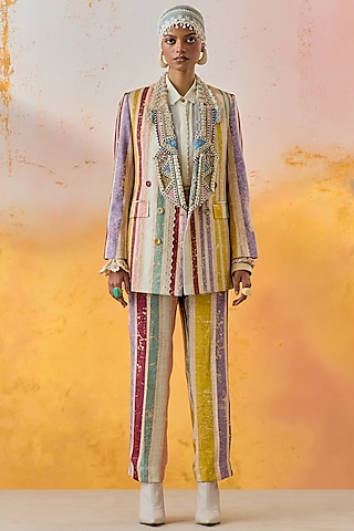 Multi-Colored Slub Satin Embroidered Jacket Set by ASEEM KAPOOR