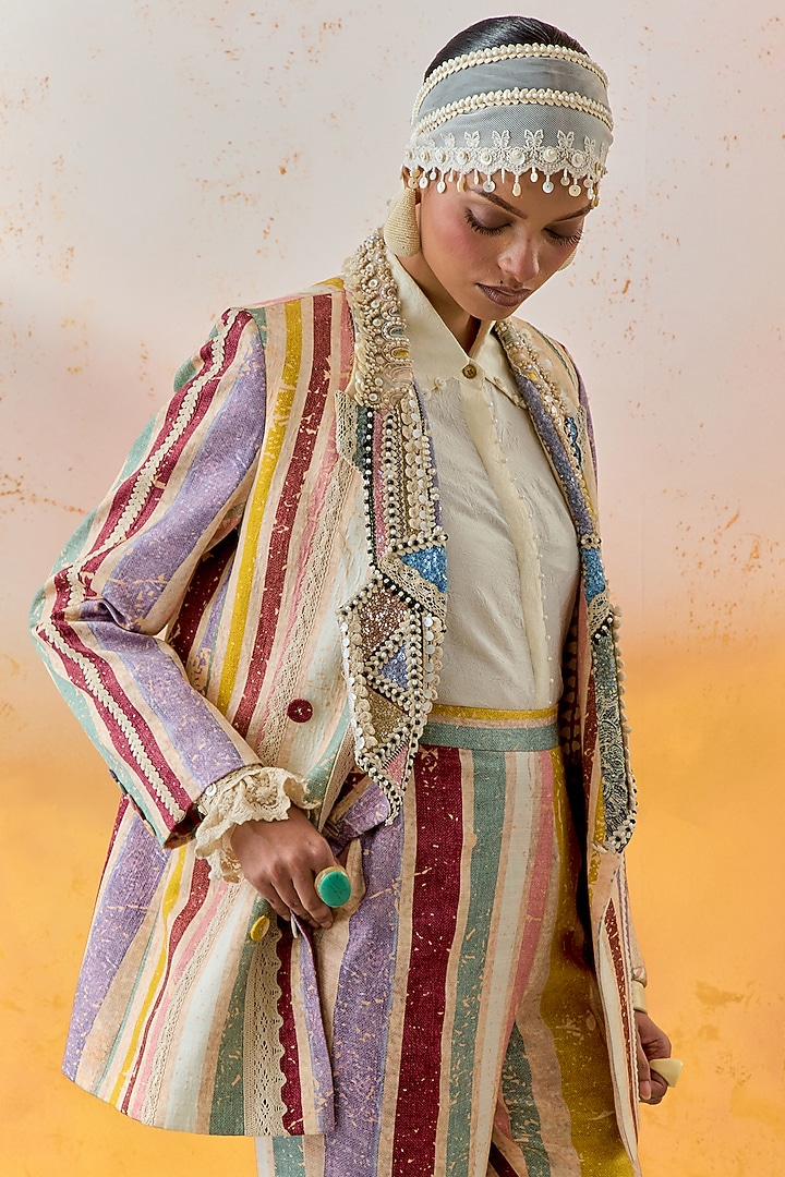 Multi-Colored Slub Satin Embroidered Jacket Set by ASEEM KAPOOR at Pernia's Pop Up Shop