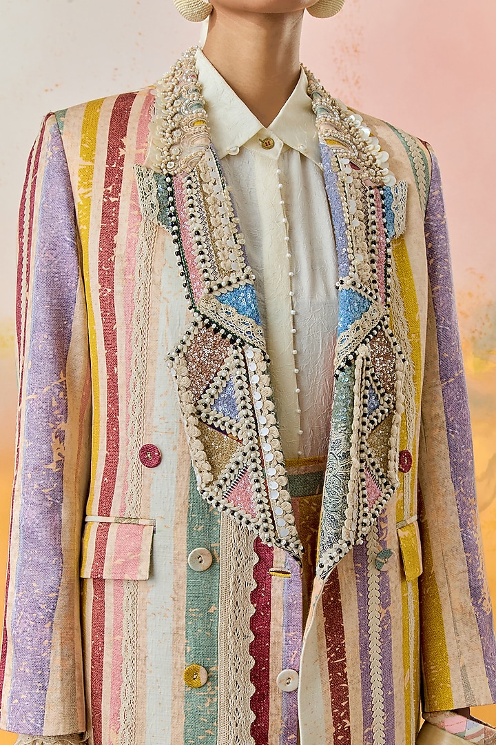 Multi-Colored Slub Satin Embroidered Jacket Set by ASEEM KAPOOR at Pernia's Pop Up Shop