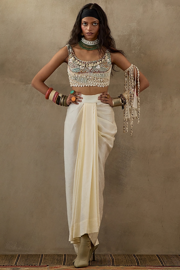 Mogra White Crushed Silk Skirt Set by ASEEM KAPOOR at Pernia's Pop Up Shop