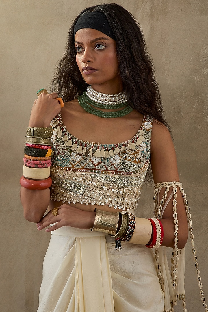 Mogra White Crushed Silk Skirt Set by ASEEM KAPOOR at Pernia's Pop Up Shop