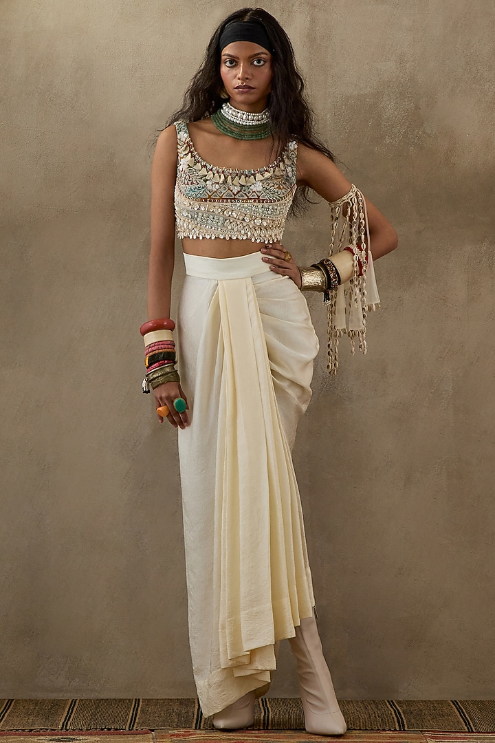 Mogra White Crushed Silk Skirt Set by ASEEM KAPOOR at Pernia's Pop Up Shop