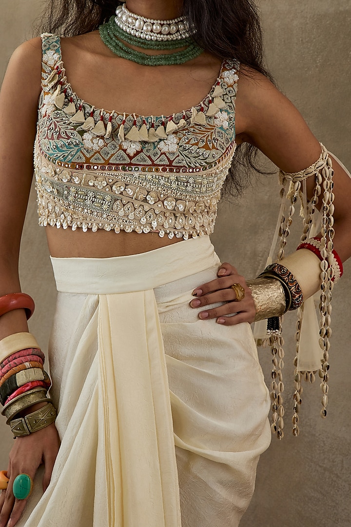 Mogra White Crushed Silk Skirt Set by ASEEM KAPOOR at Pernia's Pop Up Shop