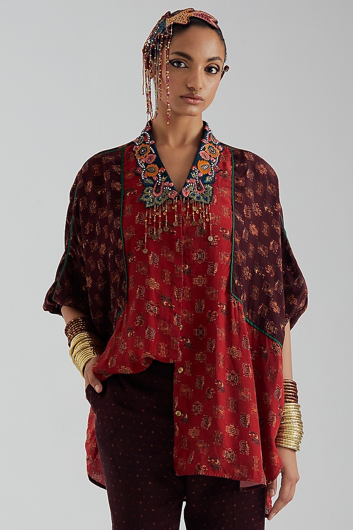 Sindoor Red Natural Crepe Printed Shirt by ASEEM KAPOOR at Pernia's Pop Up Shop