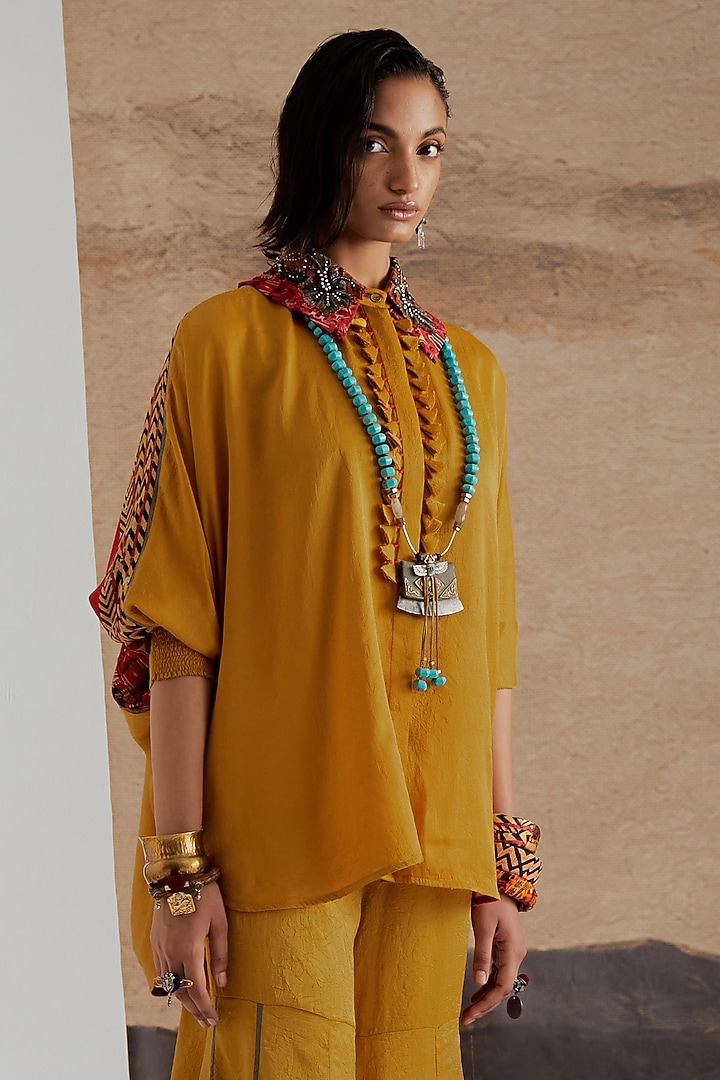 Topaz Yellow Crushed Silk Textured Shirt by ASEEM KAPOOR at Pernia's Pop Up Shop
