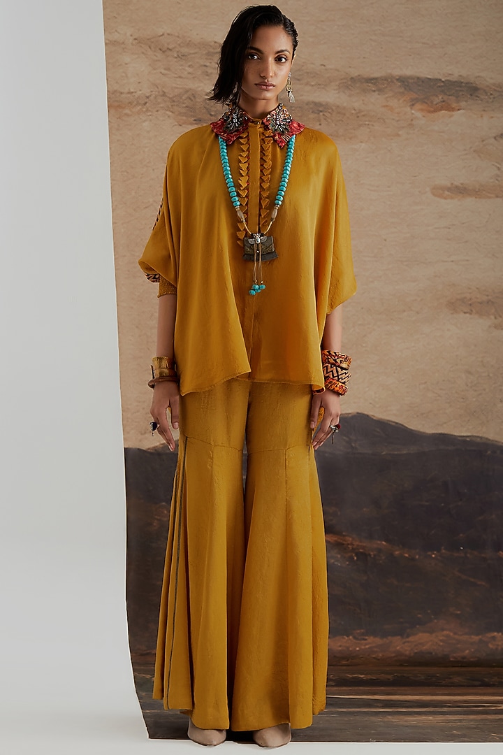 Topaz Yellow Crushed Silk Textured Shirt by ASEEM KAPOOR at Pernia's Pop Up Shop