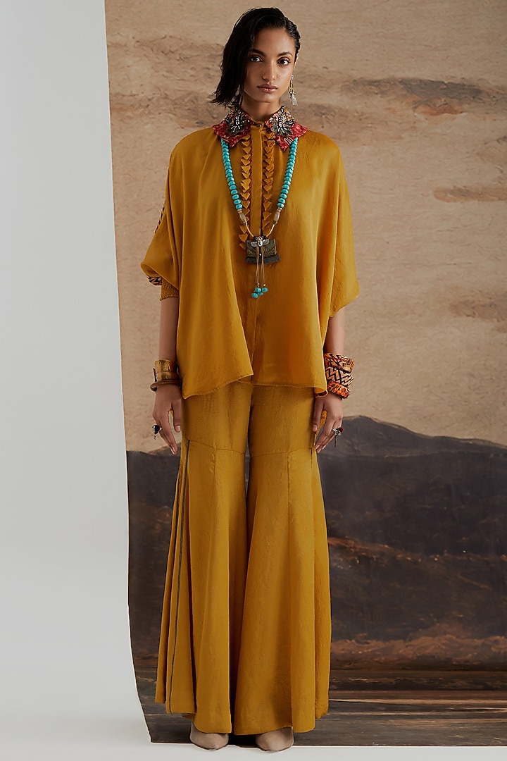 Topaz Yellow Crushed Silk Wedding Sharara Set by ASEEM KAPOOR at Pernia's Pop Up Shop