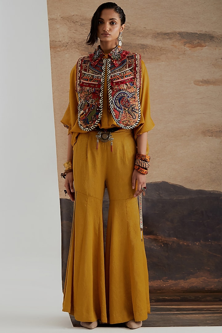 Topaz Yellow Crushed Silk Wedding Sharara Set by ASEEM KAPOOR at Pernia's Pop Up Shop